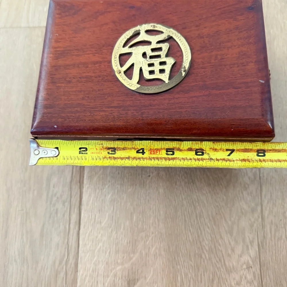 Vintage 80s Oriental Chinese Wooden Jewelry Box W/ Brass Word LUCKY, Double Tier